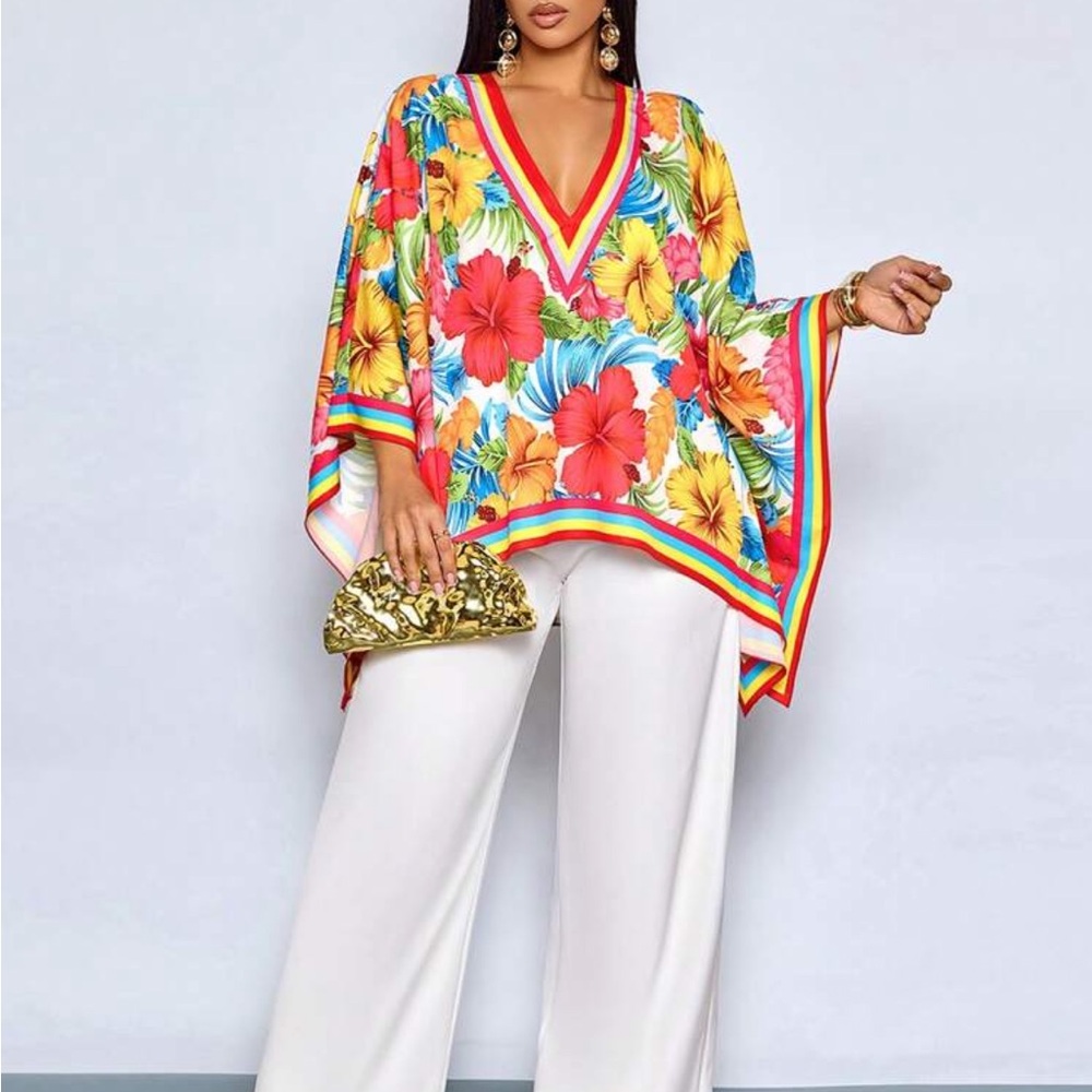 Boho Vibrant  Tropical Print Loose V Neck Batwing Sleeve Top Blouse Shirt